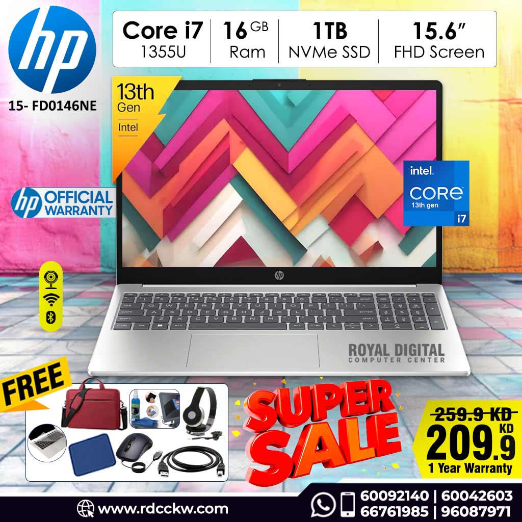 لابتوب HP FD0146NE | معالج Intel Core i7-1355U | ذاكرة وصول عشوائي (RAM) سعة 16 جيجابايت DDR4 | سعة تخزين 1 تيرابايت NVME SSD | بطاقة رسومات Intel® Iris® Xe | شاشة 15.6 بوصة عالية الدقة بالكامل | لون فضي طبيعي | نظام DOS - بدون ويندوز | ضمان لمدة عام