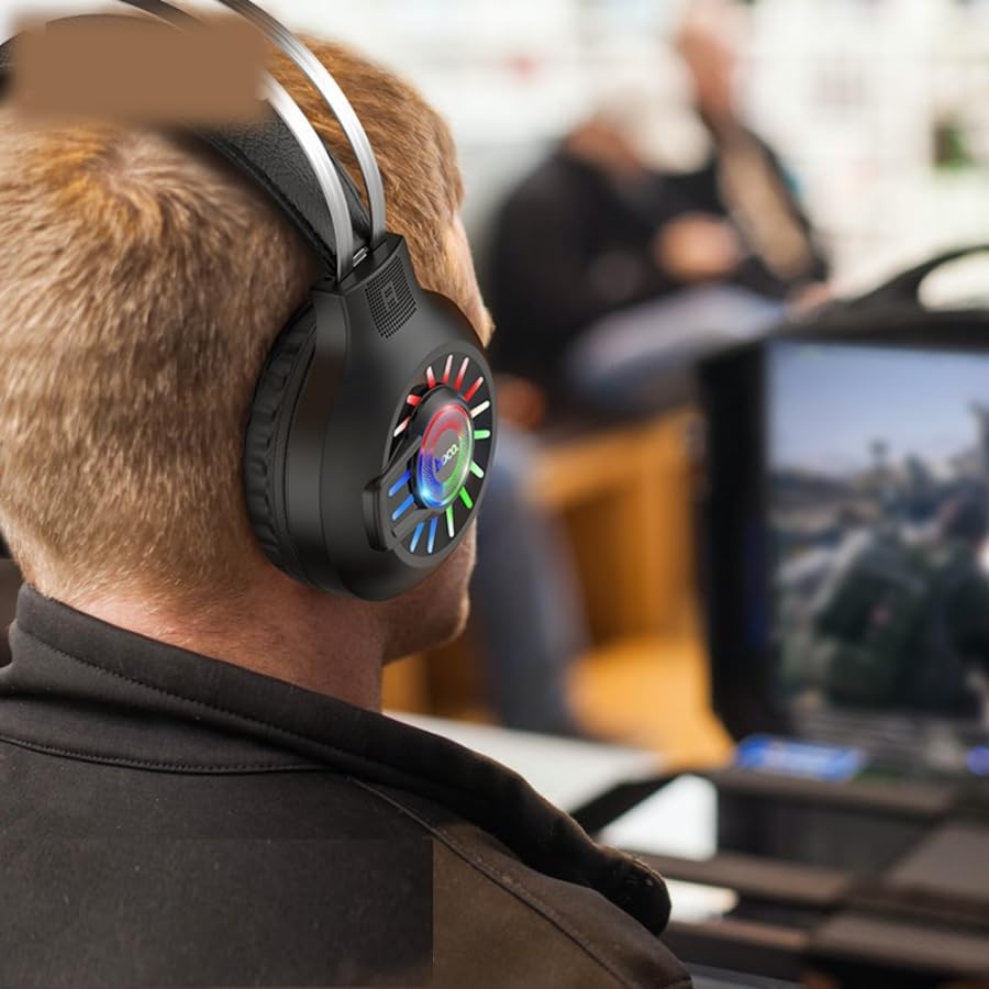 سماعة رأس HOCO ESD04 للألعاب عالية الدقة بصوت محيطي ستيريو مع إضاءة RGB قابلة للتنفس وميكروفون قابل للتعديل لأجهزة PS4 وPS5 وأجهزة الكمبيوتر الشخصية وXbox One وأجهزة الكمبيوتر المحمولة