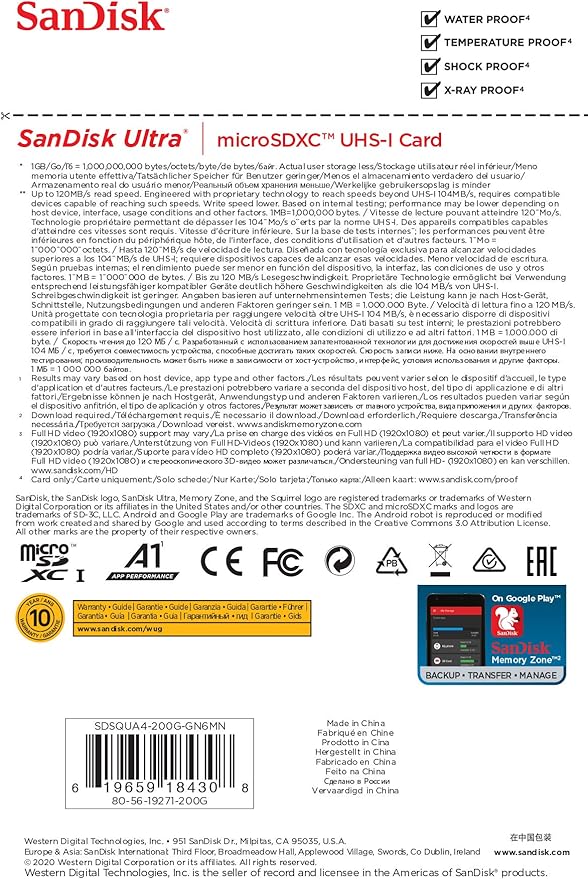 بطاقة ذاكرة سانديسك ألترا مايكرو إس دي يو إتش إس-1 سعة 200 جيجابايت، 120 ميجابايت/ثانية، Sdsqua4-200G-Gn6Mn