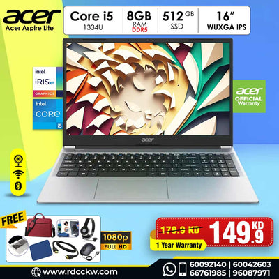 Laptop Acer Aspire Lite | Intel Core i5-1334U Processor | 8GB DDR5 Ram | Storage 512GB NVMe SSD | Intel UHD Graphics | Color Silver | 16" inches WUXGA IPS Display | 1 Year Warranty