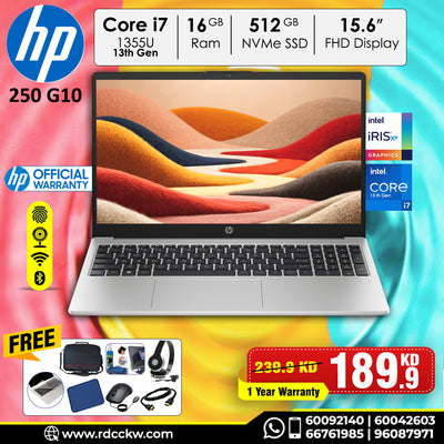 Laptop HP 250 G10 | Intel Core i7-1355U Processor | Ram 16GB | Storage 512GB SSD NVMe | Intel Iris Xe Graphics | Display 15.6" inch FHD | Color Silver | 1 Year Warranty