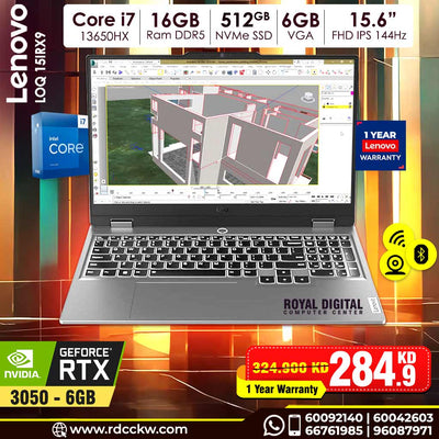 Gaming Laptop Lenovo Loq 15IRX9 | Intel Core i7-13650HX Processor | Ram 16GB DDR5 | Storage 512GB SSD NVMe | NVIDIA GeForce RTX 3050 6GB | Display 5.6" FHD IPS 144Hz | Color Luna_Grey | 1 Year Warranty