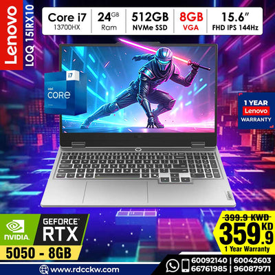 Laptop Laptop Lenovo LOQ Gen 10 AI | Intel Core i7-13700HX Processor | Ram 24GB DDR5 | Storage 512GB NVMe | NVIDIA RTX5050 8GB | Display 15.6FHD IPS 144Hz | Color Lana Grey | 1 Year Warranty
