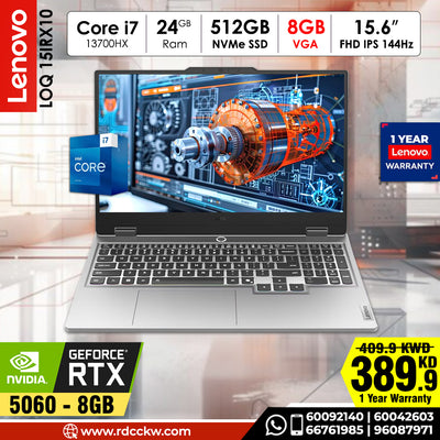 Gaming Laptop Lenovo LOQ 15IRX10 | Intel Core i7-13700HX Processor | Ram 24GB DDR5 | Storage 512GB SSD NVMe | NVIDIA RTX5060 8GB | Display 15.6FHD IPS 144Hz | Color Luna Grey | 1 Year Warranty