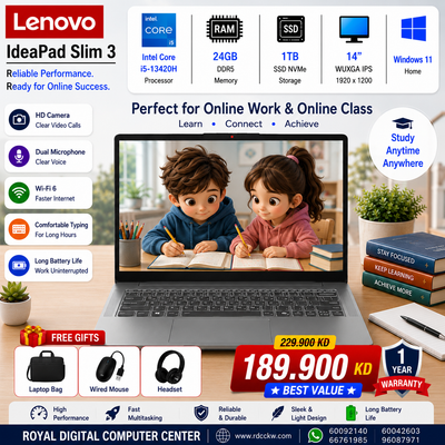 Laptop Lenovo IdeaPad Slim 3 | Intel Core i5-13420H Processor | Ram 24GB DDR5 | Storage 1TB SSD NVMe | Display 14"WUXGA IPS | OS Windows 11 Home | Color Artic Arey | 1 Year Warranty