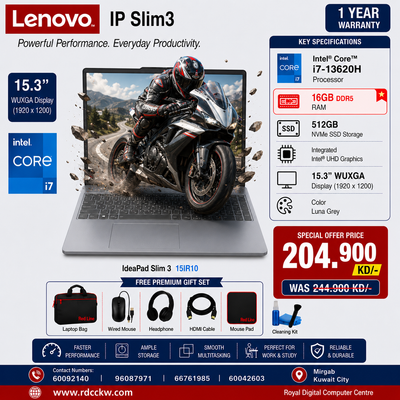 Laptop Lenovo IdeaPad Slim 3 Gen 10 | Intel Core I7-13620H Processor | Ram 16GB DD5 Ram | Storage 512GB SSD NVMe | Display 15.3" WUXGA 1920 * 1200 | Color Luna Grey | 1 Year Warranty