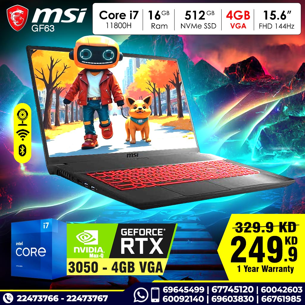 MSI GF63 Core i7 16GB RAM 512GB NVMe SSD Nvidia RTX 4GB VGA 15.6 بوصة FHD