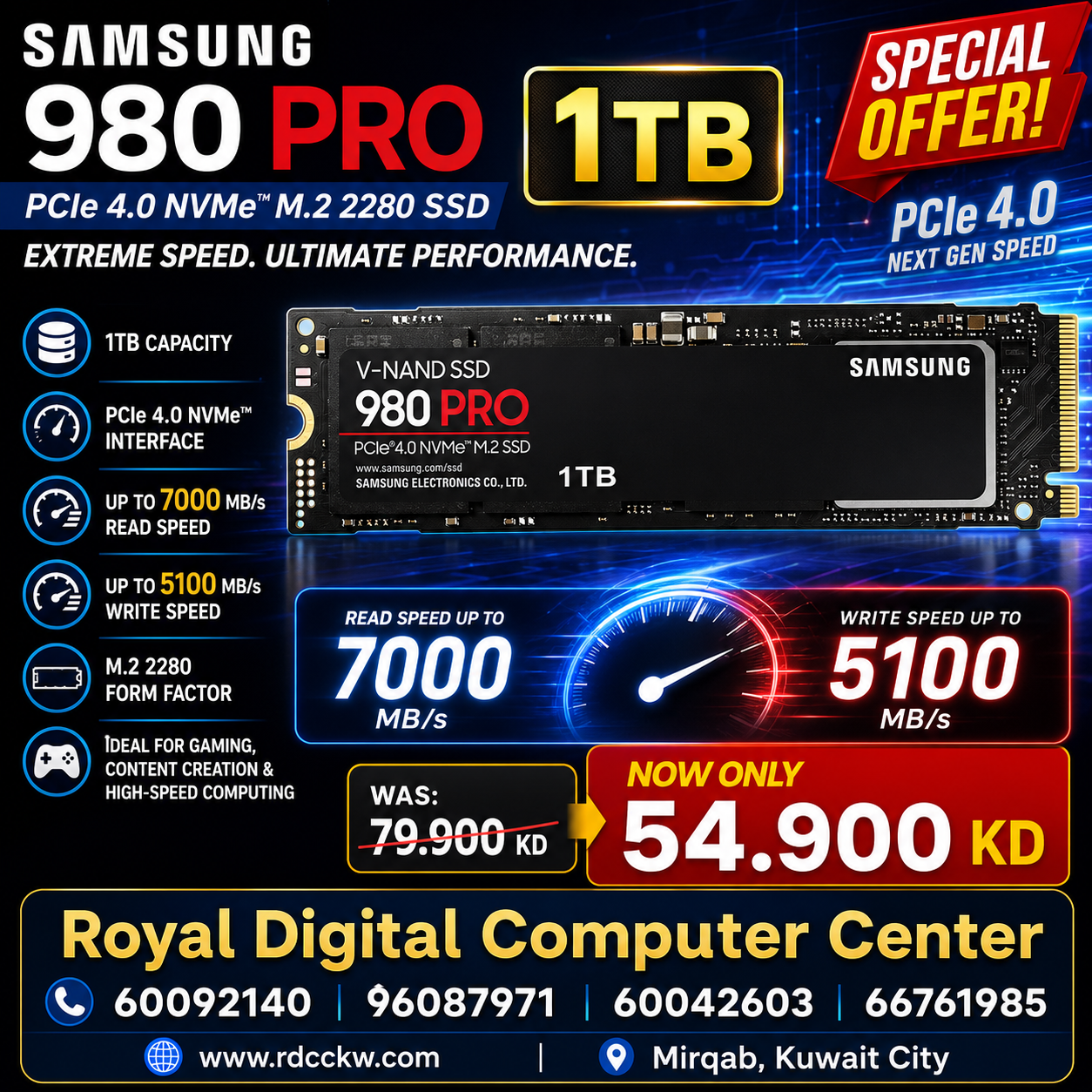 Samsung 980 PRO 1TB PCIe 4.0 NVMe™ M.2 2280 SSD – 7000MB/s Read