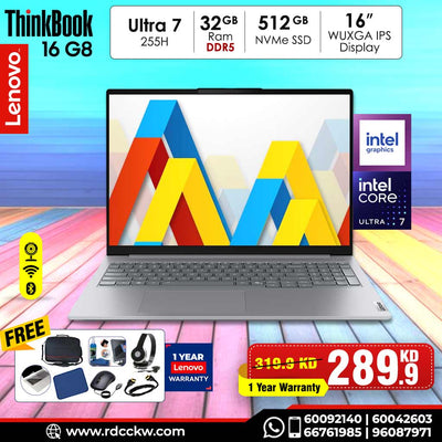 Laptop Lenovo ThinkBook 16 Gen 8 | Intel Core Ultra 7 255H Processor | 32GB DDR5‑5600 RAM | Storage 512GB PCIe 4.0 SSD | Intel Arc 140T Graphics | Display 16" WUXGA IPS | DOS | Artic Grey | 1 Year Warranty