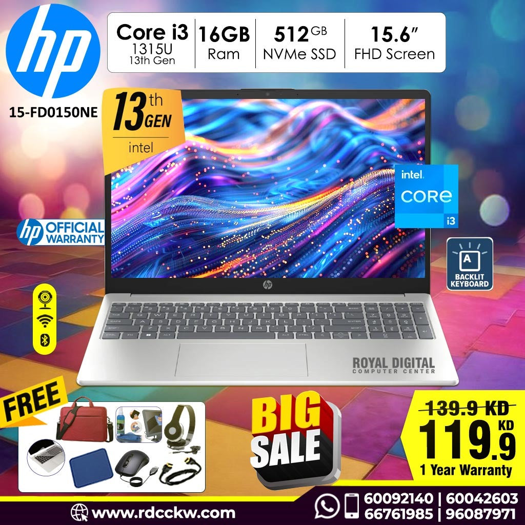 Laptop HP 15-FD0150NE | Intel Core i3-1315U Processor | 16GB RAM | 512GB SSD | Intel UHD Graphics | 15.6" FHD Display | Natural Silver | 1 Year warranty