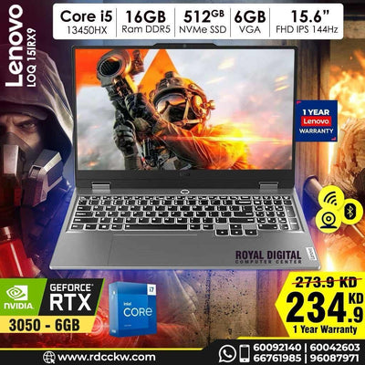 Gaming Laptop Lenovo LOQ 15IRX9 | Intel Core i5-13450HX Processor | Ram 16GB DDR5 | Storage 512GB SSD NVMe | NVIDIA RTX 3050 6GB, 15.6 FHD, Luna Grey, Dos, 1 Year