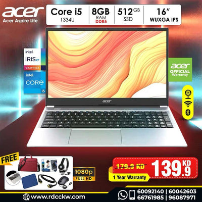 Laptop Acer Aspire Lite | Intel Core i5-1334U Processor | 16GB DDR5 Ram | Storage 512GB NVMe SSD | Intel UHD Graphics | Color Silver | 16" inches WUXGA IPS Display | 1 Year Warranty