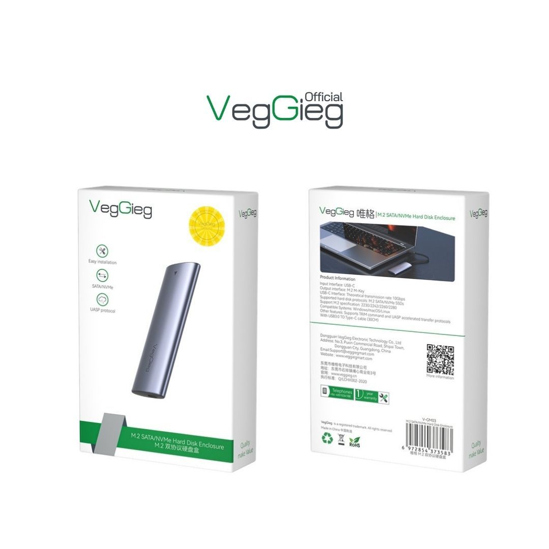 VEGGIEG-V-GM03 | غلاف M.2 NVMe | منفذ USB C 3.2 من الجيل الثاني | PCIe بسرعة 10 جيجابت في الثانية | علبة محرك أقراص صلبة خارجي