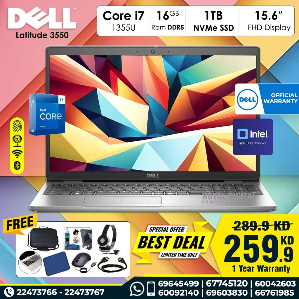 ديل لاتيتيود 3550 الجيل الثالث عشر، معالج كور i7-1355U، ذاكرة وصول عشوائي 16 جيجابايت، قرص صلب NVMe SSD سعة 1 تيرابايت، شاشة 15.6 بوصة عالية الدقة بالكامل