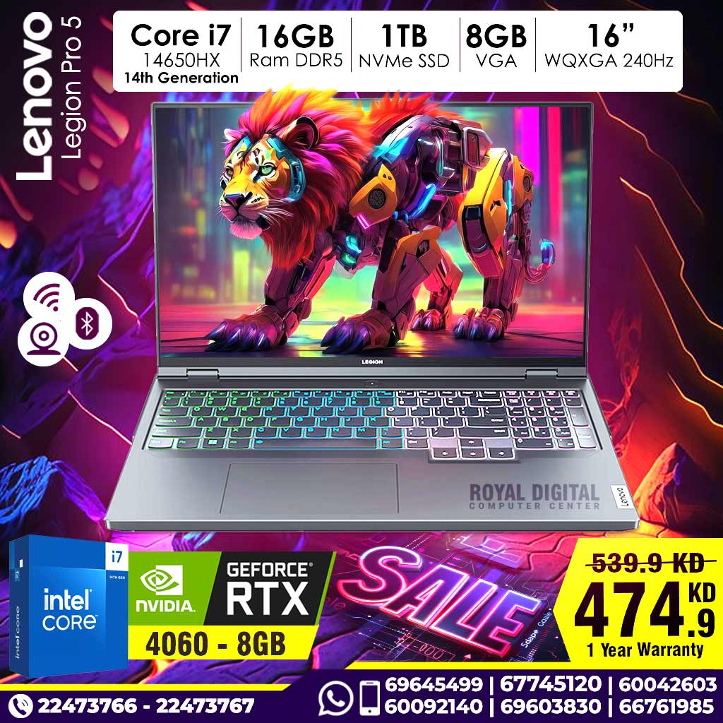 Lenovo Legion Pro 5 Core i7 14th Gen 16GB 1TB SSD RTX4060 8GB VGA 15.6inch FHD 240Hz