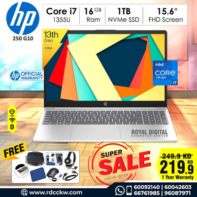 لابتوب HP 250 G10 | معالج Intel Core i7-1355U من الجيل الثالث عشر | ذاكرة وصول عشوائي (RAM) سعة 16 جيجابايت DDR4 | سعة تخزين داخلية 1 تيرابايت SSD NVMe | شاشة 15.6 بوصة FHD (1920 × 1080) | لون فضي طبيعي | نظام تشغيل Windows بدون دوس | ضمان لمدة عام 
