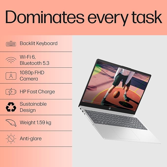 HP 15-FD0149NE | Intel Core™ i5-1334U | ذاكرة وصول عشوائي (RAM) سعة 8 جيجابايت DDR4 | قرص SSD سعة 512 جيجابايت PCIe® NVMe™ M.2 | شاشة عرض 15.6 بوصة عالية الدقة بالكامل | نظام تشغيل DOS