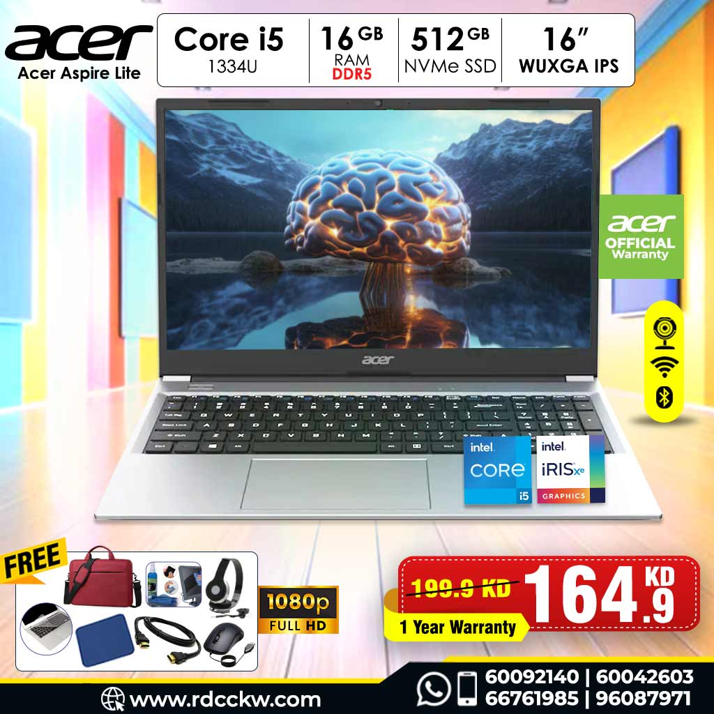 Laptop Acer Aspire Lite | Intel Core i5-1334U Processor | Ram 16GB DDR5 | Storage 512GB NVMe SSD | Display 16" IPS inch WUXGA | Intel UHD Graphics | Color Silver | 1 Year warranty