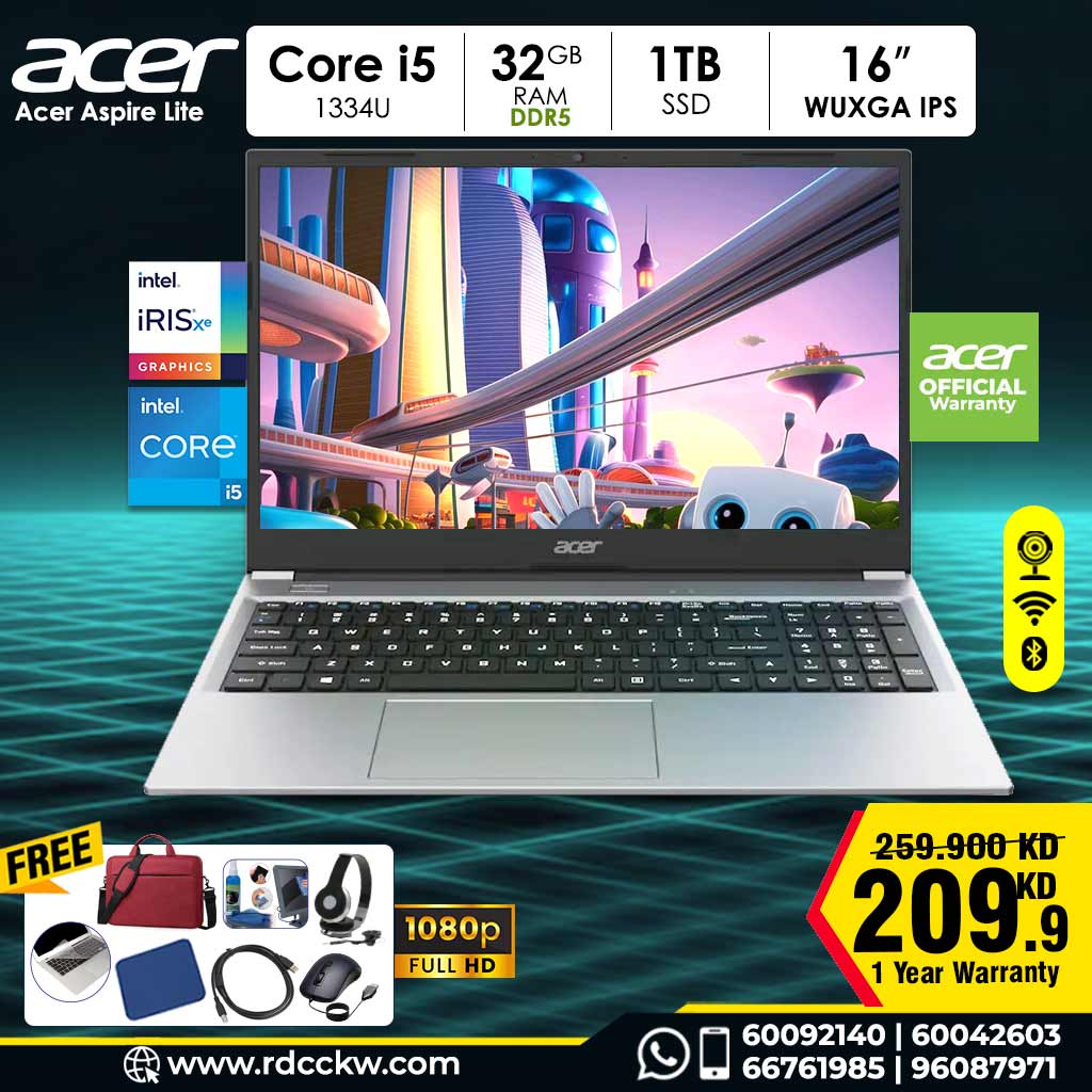Acer Aspire Lite Laptop | Core i5-1334U Processor | Ram 32GB DDR5 | Storage 1TB SSD NVMe | Intel UHD Graphics | Display 16″ inch WUXGA | Color Silver | 1 Year warranty