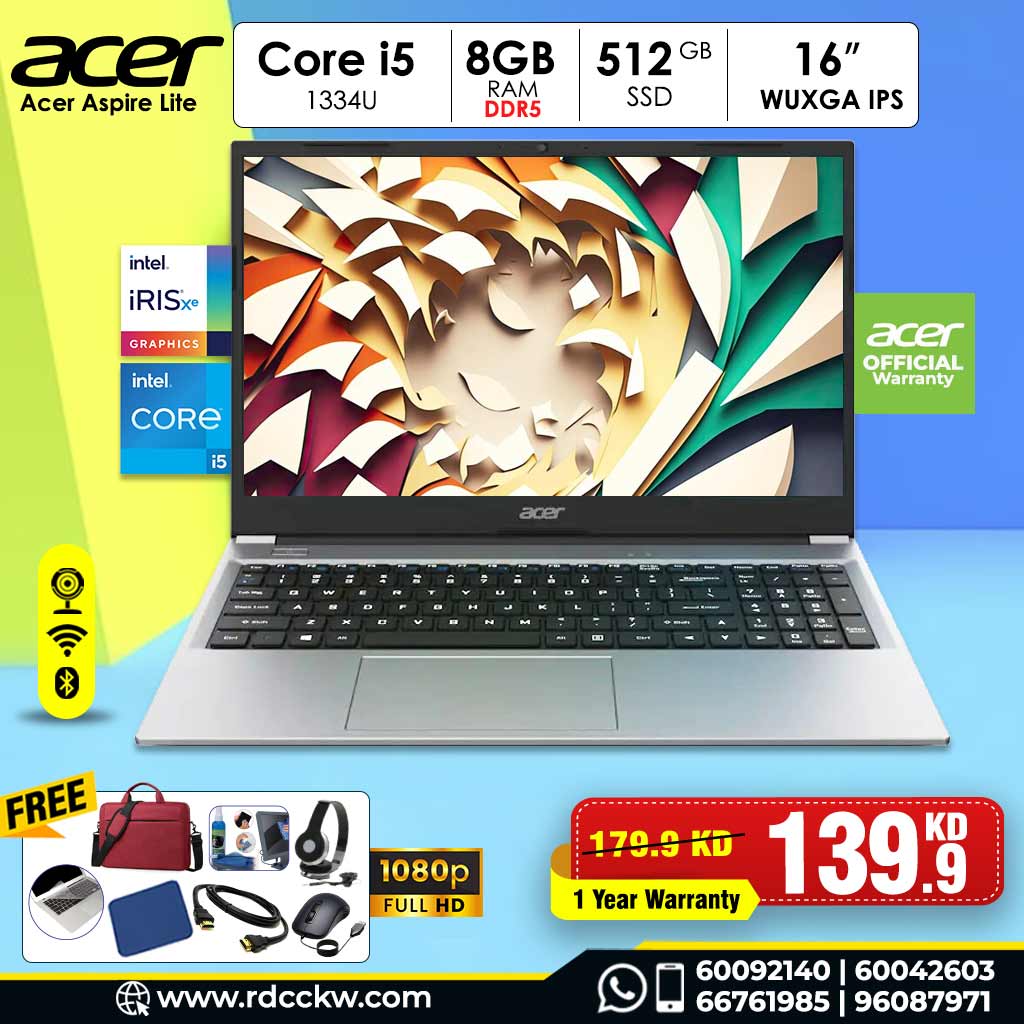 Laptop Acer Aspire Lite | Intel Core i5-1334U Processor  | 8GB DDR5 Ram | Storage 512GB NVMe SSD | Intel UHD Graphics | Color Silver | 16" inches WUXGA IPS Display | 1 Year Warranty