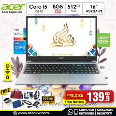 Laptop Acer Aspire Lite | Intel Core i5-1334U Processor  | 16GB DDR5 Ram | Storage 512GB NVMe SSD | Intel UHD Graphics | Color Silver | 16