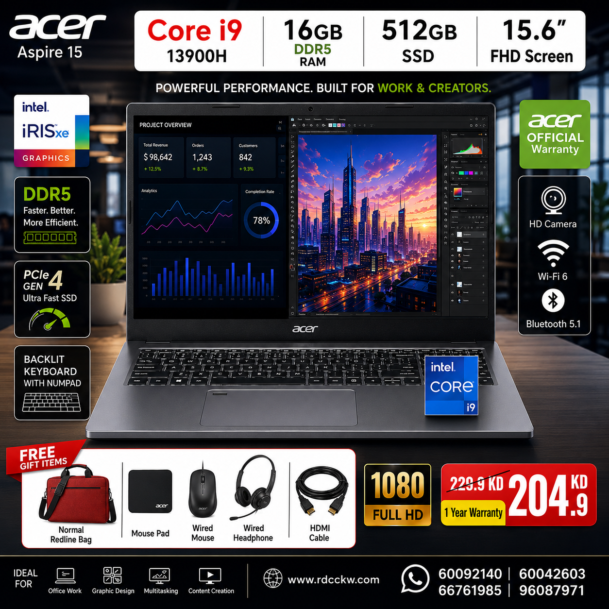 Acer Aspire 15 – Extreme Performance Intel Core i9- 13900H | 16GB DDR5 | 512GB NVMe  | 15.6" FHD IPS | Backlit Keyboard | Fingerprint Reader