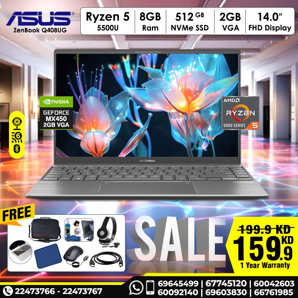 أسوس زين بوك رايزن 5، 8 جيجابايت رام، 512 جيجابايت SSD، معالج رسومات إنفيديا 2 جيجابايت، شاشة 14 بوصة عالية الدقة