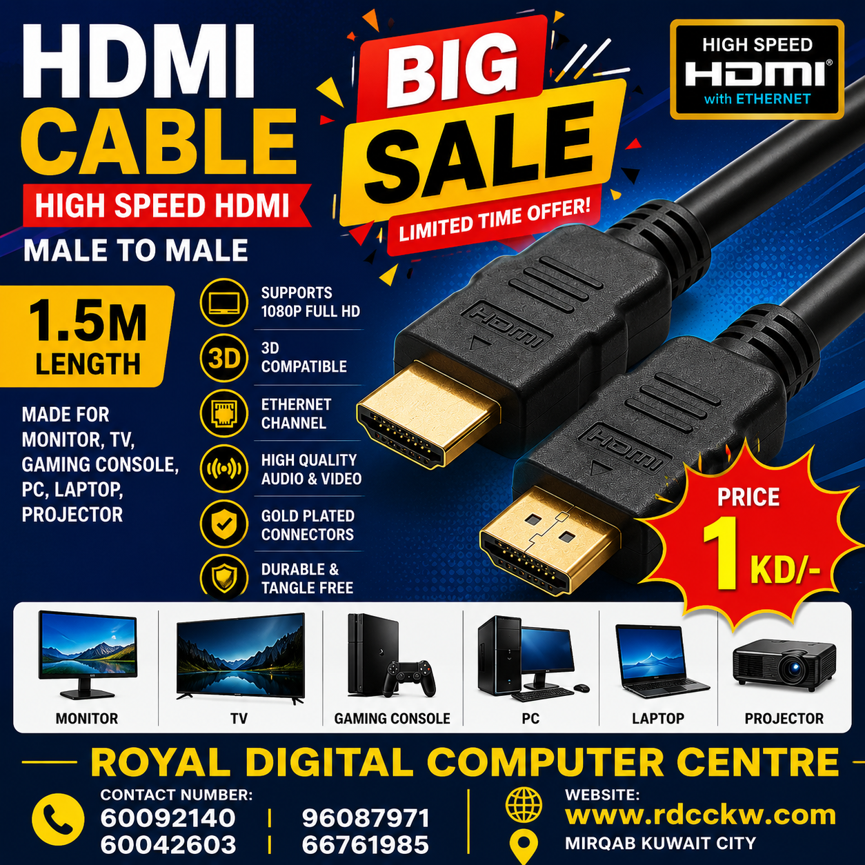 HDMI Cable | High Speed HDMI | Male to Male 1.5m Length | Made for Monitor, TV, Gaming Console, PC, Laptop, Projector