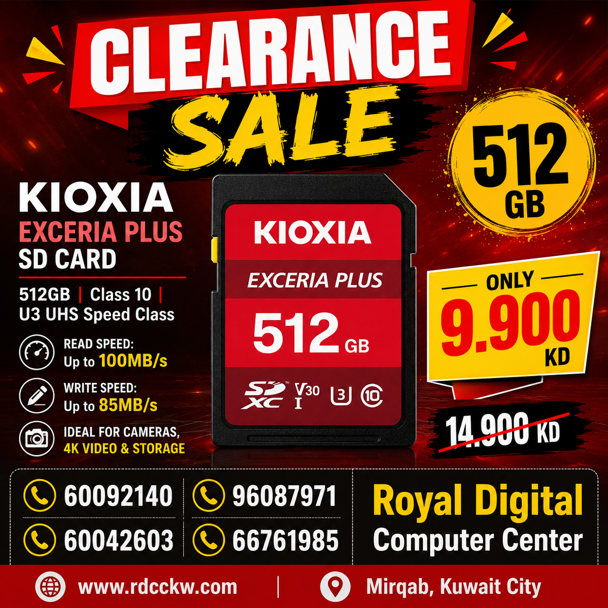 Kioxia LNPL1M512GG4 Exceria Plus SD Card, Class 10, U3 UHS Speed Class, 100MB/s Read Speed, 85MB/s Write Speed, 512GB