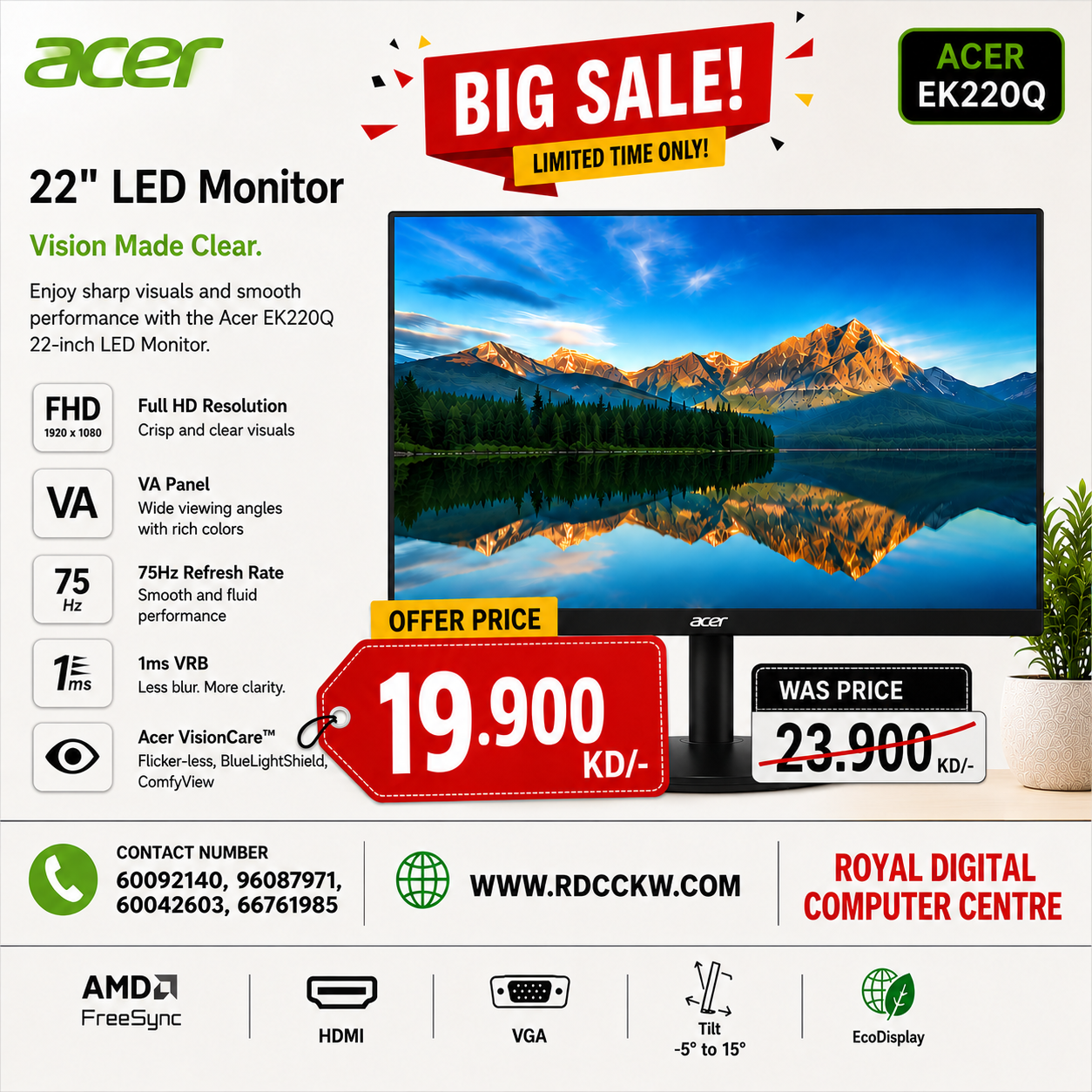 Acer EK0 Series (EK220Q) 21.5" VA Panel FHD 100Hz 1ms AMD FreeSync Acer Vision Care