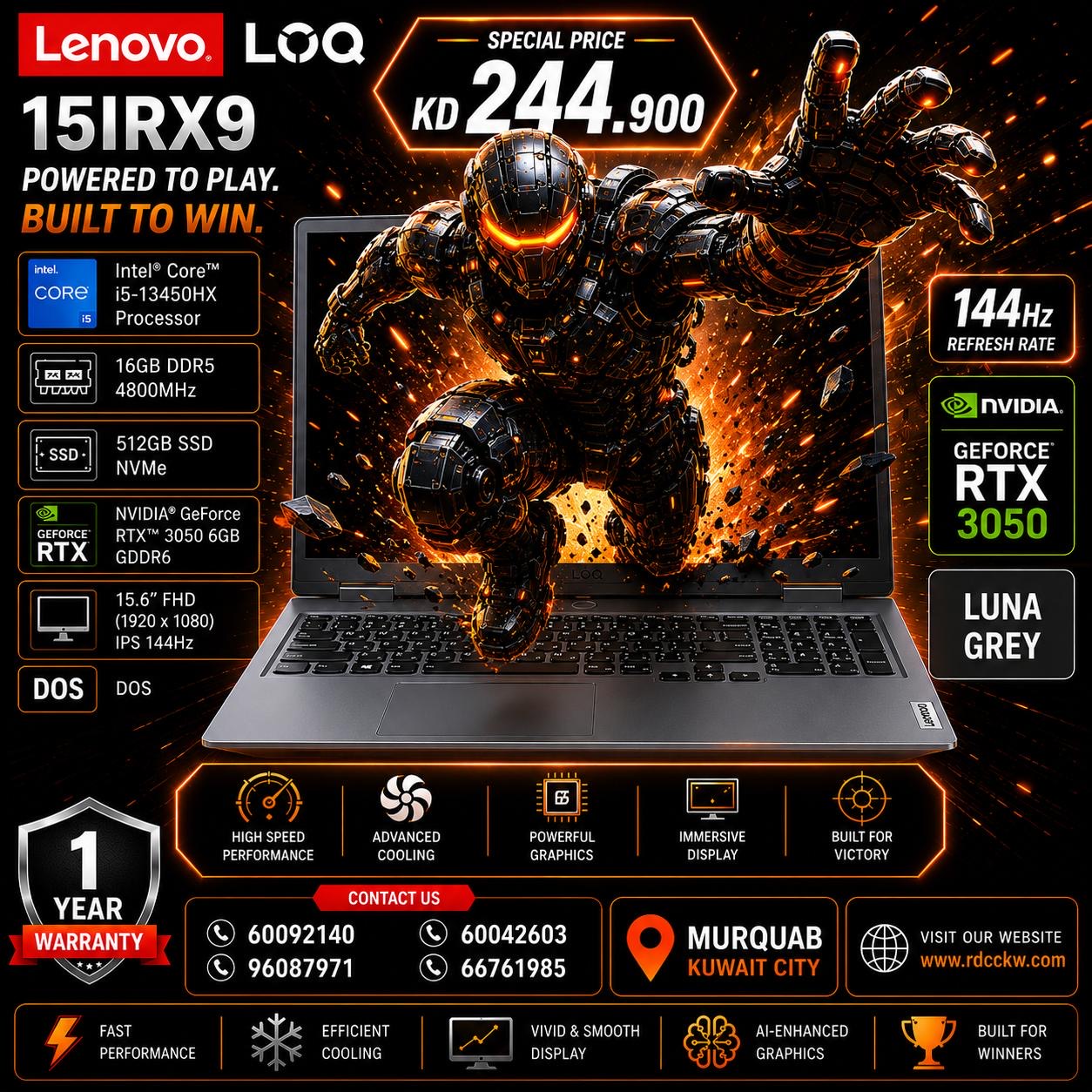 Gaming Laptop Lenovo LOQ 15IRX9 | Intel Core i5-13450HX Processor |  Ram 16GB DDR5 | Storage 512GB SSD NVMe |  NVIDIA RTX 3050 6GB, 15.6 FHD, Luna Grey, Dos, 1 Year