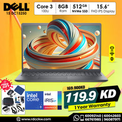 Laptop Dell 15 DC15250 | Intel Core 3 100U Processor | Ram 8GB DDR4 | Storage 512GB NVMe SSD | Intel Integrated VGA | Display 15.6 inch FHD 120Hz | Color Dark Grey | 1 Year Warranty