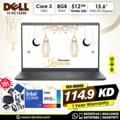 Laptop Dell 15 DC15250 | Intel Core 3 100U Processor | Ram 8GB DDR4 | Storage 512GB NVMe SSD | Intel Integrated VGA | Display 15.6 inch FHD 120Hz | Color Dark Grey | 1 Year Warranty
