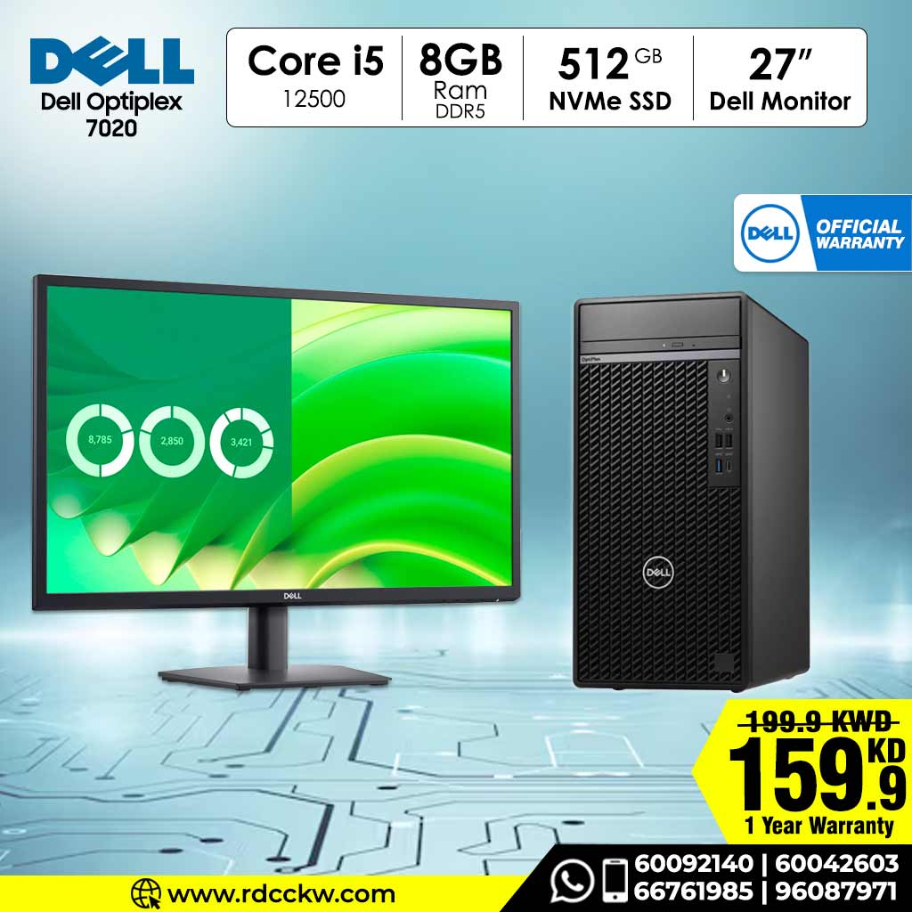 Dell OptiPlex 7020 Desktop PC + 27" Monitor Bundle Intel Core i5‑12500 | 8GB DDR5 | 512GB SSD | DVD‑RW | DOS | 1 Year Warranty