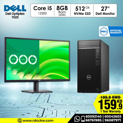 Dell OptiPlex 7020 Desktop PC + 27" Monitor Bundle Intel Core i5‑12500 | 8GB DDR5 | 512GB SSD | DVD‑RW | DOS | 1 Year Warranty