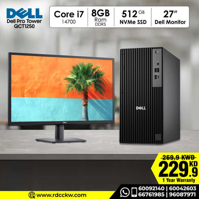 Dell Pro Tower QCT1250 + 27" Dell Monitor Bundle Intel Core i7‑14700 | 8GB DDR5 | 512GB SSD | DOS | 1 Year Warranty