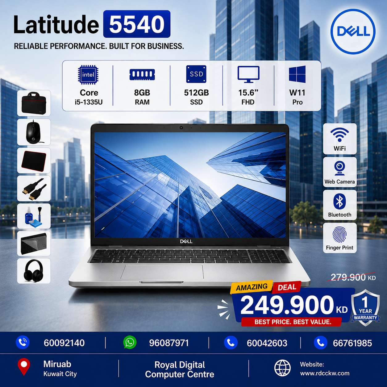 Laptop Dell Latitude 5540 | Intel Core i5-1335U Processor | Ram 8GB DDR4 | Storage 512GB NVMe SSD | Display 15.6 FHD IPS | Color Silver | Windows 11 Pro | 1 year warranty