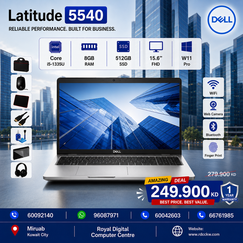 Laptop Dell Latitude 5540 | Intel Core i5-1335U Processor | Ram 8GB DDR4 | Storage 512GB NVMe SSD | Display 15.6 FHD IPS | Color Silver | Windows 11 Pro | 1 year warranty