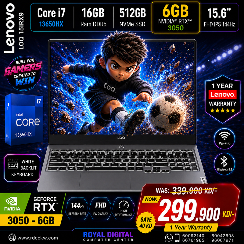 Gaming Laptop Lenovo Loq 15IRX9 | Intel Core i7-13650HX Processor | Ram 16GB DDR5 | Storage 512GB SSD NVMe |  NVIDIA GeForce RTX 3050 6GB | Display 5.6