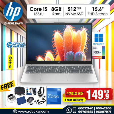 Laptop HP 15-FD0250WM | Intel Core I5-1334U Processor |  Ram 8GB DDR4 | Storage 512GB NVMe SSD | Intel® Iris® Xe Graphics | Display 15.6" inch FHD | Windows 11 Home | Color Silver | 1 Year Warranty