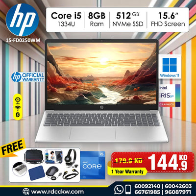 Laptop HP 15-FD0250WM | Intel Core I5-1334U Processor |  Ram 8GB DDR4 | Storage 512GB NVMe SSD | Intel® Iris® Xe Graphics | Display 15.6" inch FHD | Windows 11 Home | Color Silver | 1 Year Warranty