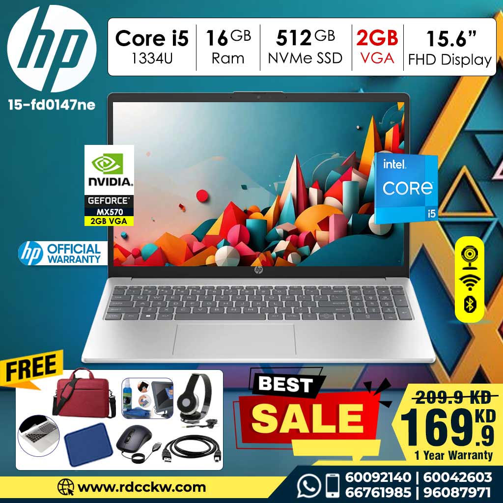 Laptop HP 15-FD0147NE | Intel Core i5-1334U 13th Generation Processor |16 GB RAM DDR4 | Storage 512GB SSD NVMe | Dedicated VGA NVIDIA MX570 2GB Graphics | Display 15.6" Inches FULL HD | Color Natural Silver | DOS- No Windows | 1 - Year Warranty