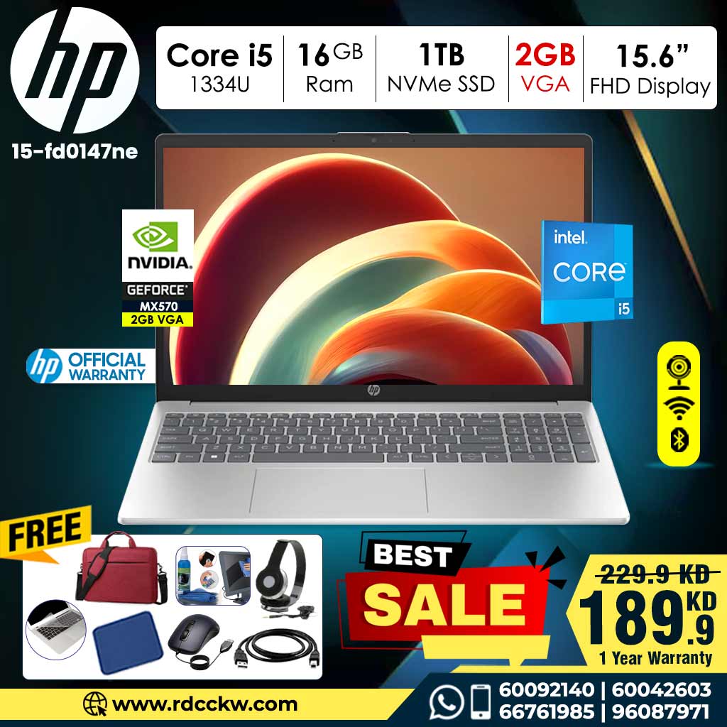 Laptop HP 15-FD0147NE | Intel Core i5-1334U 13th Generation Processor |16 GB RAM DDR4 | Storage 1TB SSD NVMe | Dedicated VGA NVIDIA MX570 2GB Graphics | Display 15.6" Inches FULL HD | Color Natural Silver | DOS- No Windows | 1 - Year Warranty