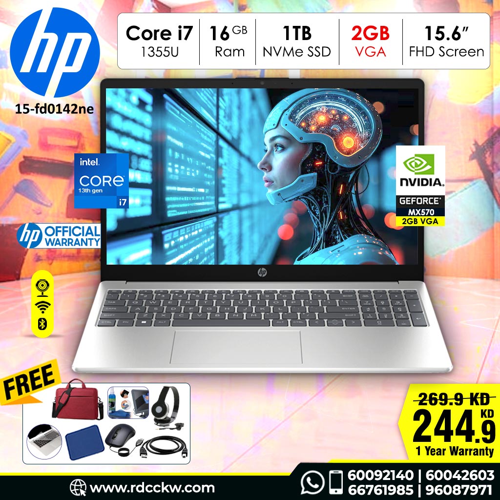 Laptop HP 15-FD0142NE | Intel Core i7-1355U Processor | Ram 16GB DDR4 | Storage  1TB SSD NVMe | NVDIA MX570 2GB | Display 15.6 FHD IPS |  Color Silver | 1 Year Warranty