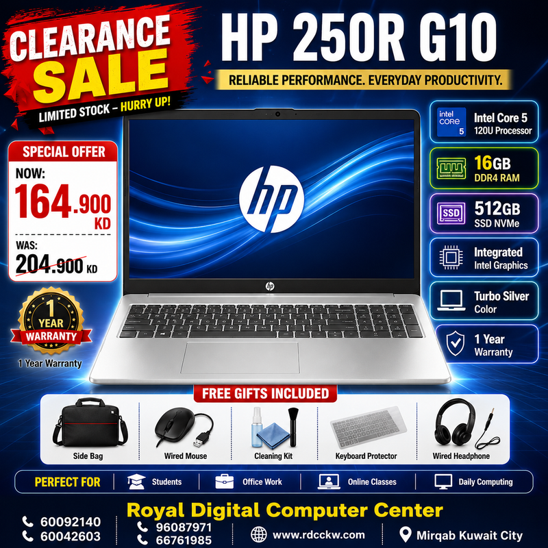 Laptop HP 250R G10 | Intel Core 5 120U Processor | 16GB DDR4 RAM | 512GB SSD NVMe | Integrated Intel Graphics | Turbo Silver | 1 Year Warranty