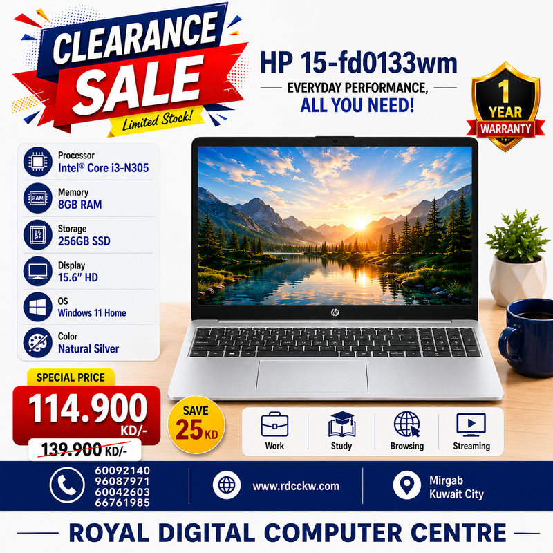 Laptop HP 15-fd0133wm | Intel Core i3-N305 Processor | Ram 8GB DDR4 | Storage 256GB NVMe SSD | Integrated Intel UHD Graphics | Display 15.6