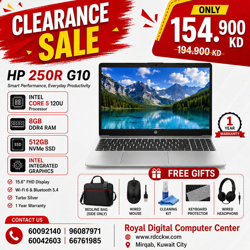 Laptop HP 250R G10 | Intel Core 5 120U Processor | 8GB DDR4 RAM | 512GB SSD NVMe | Integrated Intel Graphics | Turbo Silver  | 1 Year Warranty