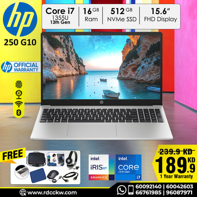 لابتوب HP 250 G10 | معالج Intel Core i7-1355U من الجيل الثالث عشر | ذاكرة وصول عشوائي (RAM) سعة 16 جيجابايت DDR4 | سعة تخزين 512 جيجابايت SSD NVMe | شاشة 15.6 بوصة FHD (1920 × 1080) | لون فضي طبيعي | نظام تشغيل Windows بدون دوس | ضمان لمدة عام 