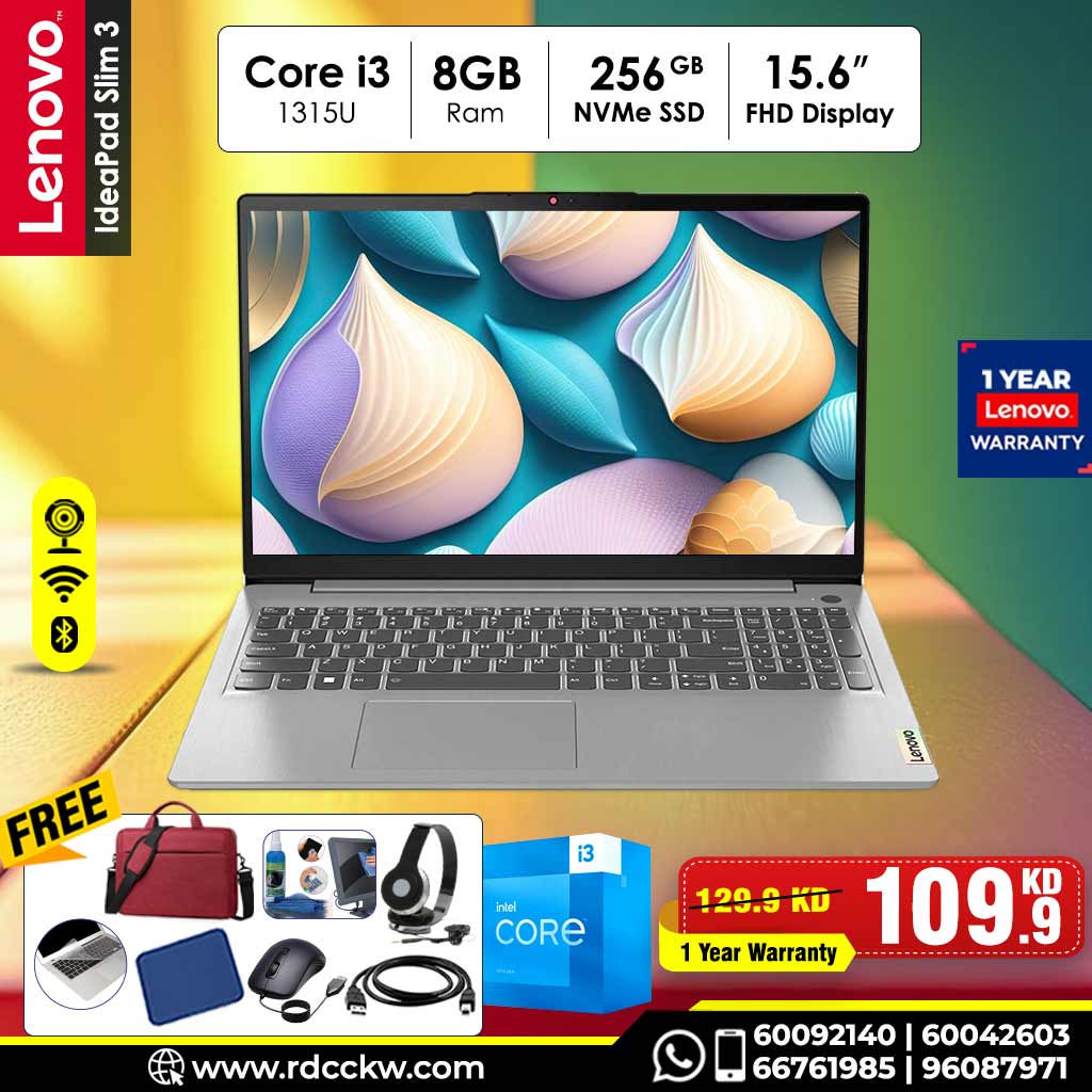 Laptop Lenovo IdeaPad Slim 3 | Intel Core i3 1315U Processor |  Ram 8GB DDR5 | Storage 256GB  NVMe SSD | Integrated Intel UHD | GraphicsDisplay 15.6" inch FHD | Color Artic Grey | 1 Year Warranty