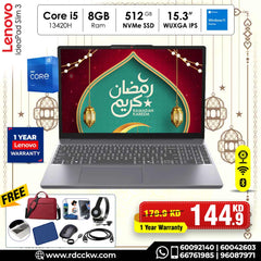 Laptop Lenovo IP Slim3 | Intel Core i5 13420H Processor | Ram 8GB DDR5 | Storage 512GB SSD NVme | Integrated Intel UHD Graphics | Display 15.3